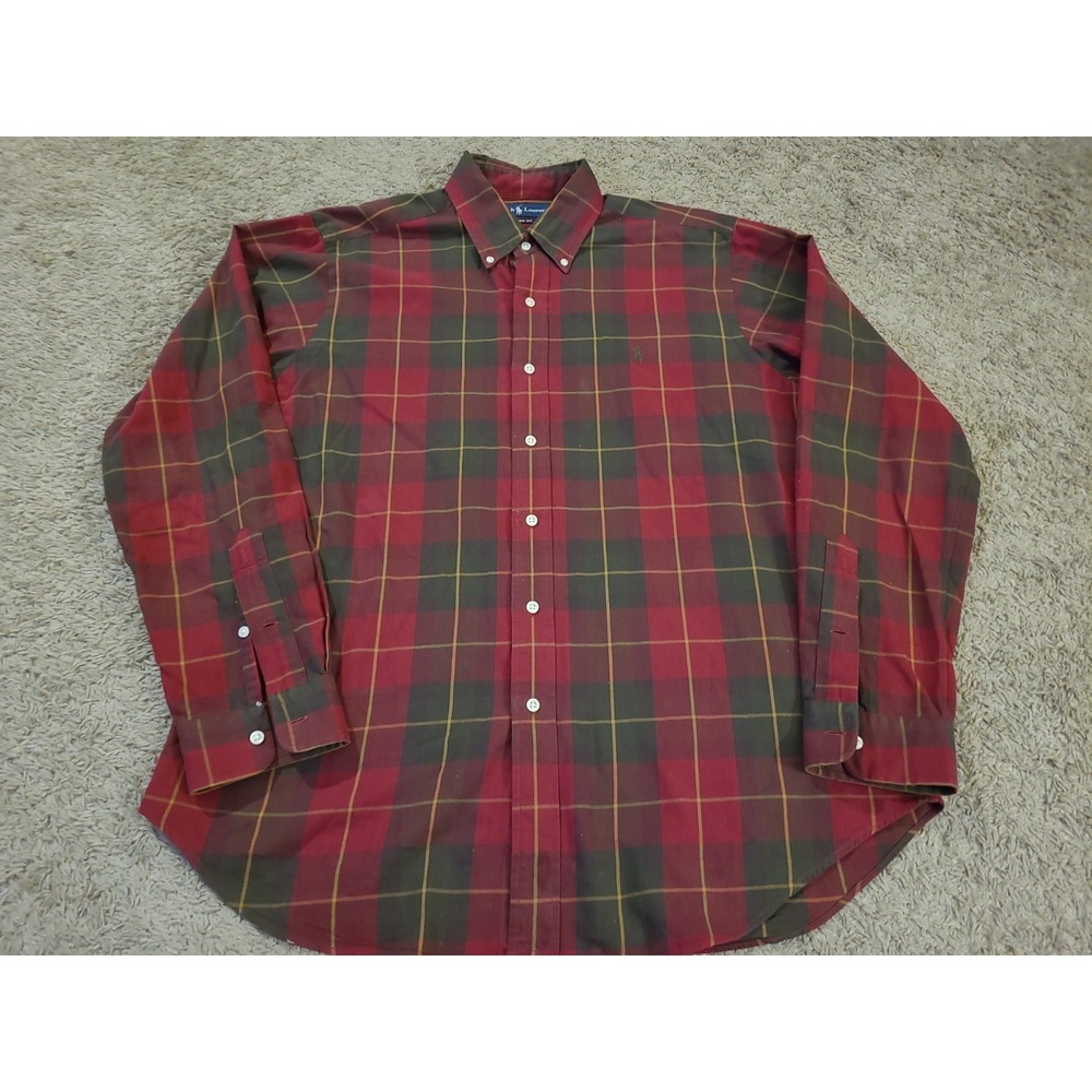 Ralph Lauren Button Down Shirt Mens Large Red Plaid Cotton Flannel Long Sleeve